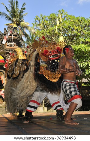 BALI -FEB14: Barong and Kris Dance at Sahadewah,in Batubulan,Gianyar,Bali,Indonesia on February14,2012.This famous Barong Play represents an eternal fight between good and bad spirits