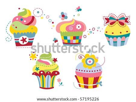 stock vector Set of five cute cupcakes in contemporary style with happy 