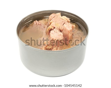 opened bank of canned tuna fish on a white background