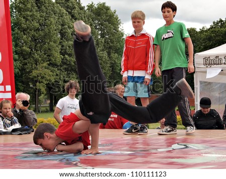 JEKABPILS, LATVIA - JUNE 2: An unidentified b-boy breakdances battle at an Dance competitions - Ghetto Games on June 2 2012 in Jekabpils, Latvia