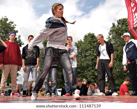 JEKABPILS, LATVIA - JUNE 2: An unidentified hip-hop dancers a dance battle at an Dance competitions - Ghetto Games on June 2 2012 in Jekabpils, Latvia