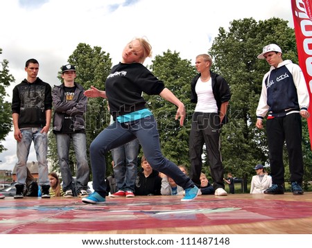 JEKABPILS, LATVIA - JUNE 2: An unidentified hip-hop dancers a dance battle at an Dance competitions - Ghetto Games on June 2 2012 in Jekabpils, Latvia