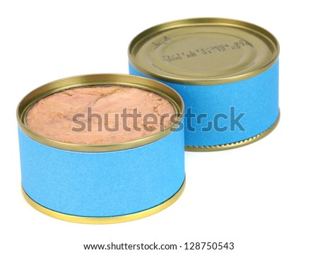 bank of canned tuna fish with blue label on a white background