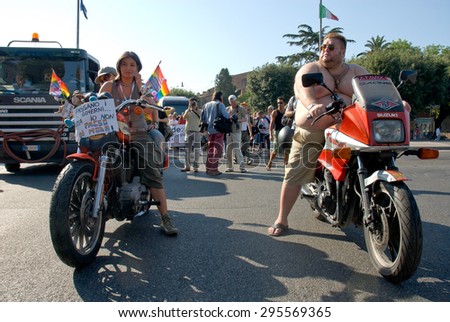 ROME, ITALY - JUNE 24 2006. Gay pride day, parade people on city streets during the demonstration. Bikers