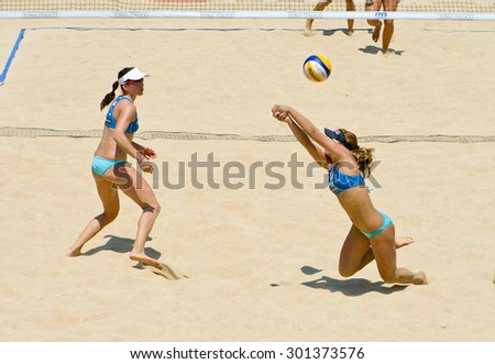 ROME, ITALY - JUNE 16 2011. Beach volleyball world championships. Greece women team players Vassiliki Arvaniti and Maria Tsiartsiani in action