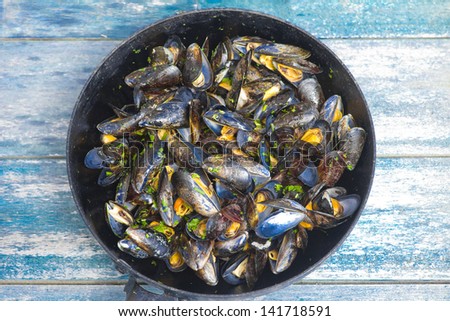 Cooked mussel with olive oil and herbs on fry pan. Very shallow depth of field.