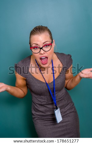 bossy business woman in glasses and badge