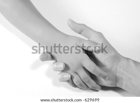 Two hands - adult and child.  Black and white image on white background.