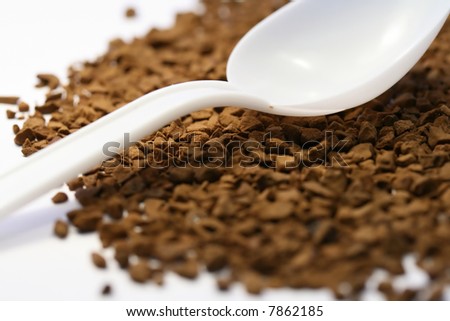 Morning background with coffee (close-up of soluble coffee grain and spoon).