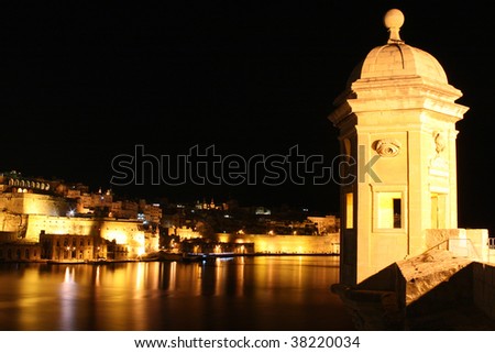 Night view of old lookout tower at Safe Haven Garden (Senglea, Malta, Maltese islands)