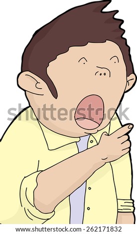 Isolated scared man with mouth open and pointing