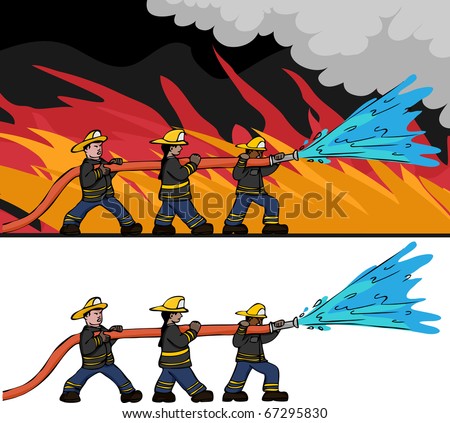 Three diverse male and female firefighters man a large hose to put out a large fire. Includes an isolated version.