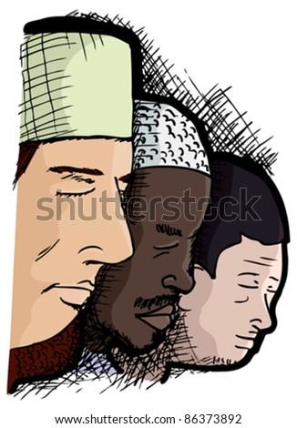 Muslim men of different skintones next to each other for the Islamic prayer service