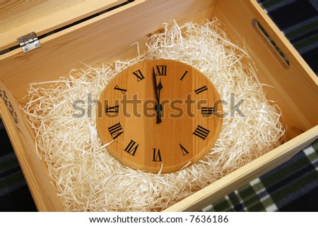 old year, one step to midnight, wood clock in box,