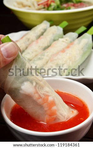 Fresh vietnamese style spring rolls with chili soy sauce