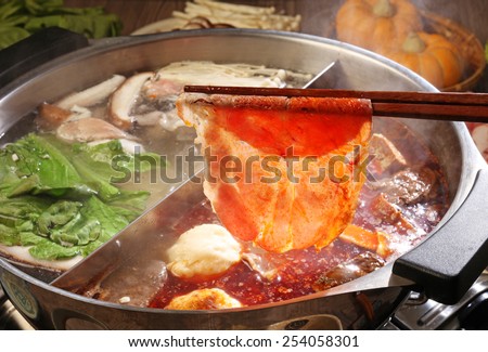 Double flavor hot pot on the table