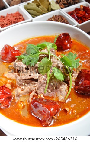 chinese food Sichuan Cuisine ,  poached sliced beef hot chili oil