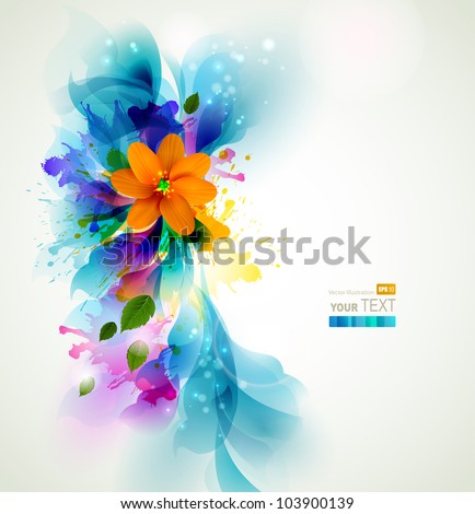 Tender background with orange abstract flower on the artistic  blobs