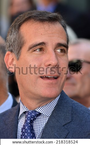 HOLLYWOOD, CA - SEPTEMBER 18, 2014: Los Angeles Mayor Eric Garcetti attends the signing ceremony of the California Film and Television Job Retention Act in Hollywood, CA on September 18, 2014.