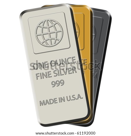 stock photo Silver gold and platinum bars 3pack on white canvas