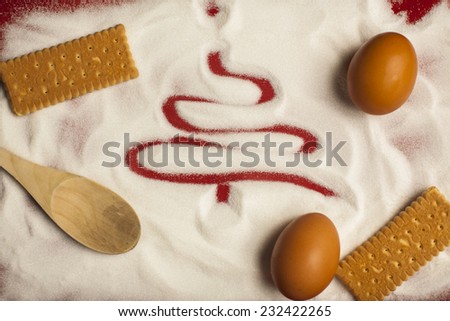 Red Christmas sign of a Xmas tree 2015 draw in the sugar with food, eggs, cookies, biscuits, culinary, art, photo in landscape format perfect for a food blog