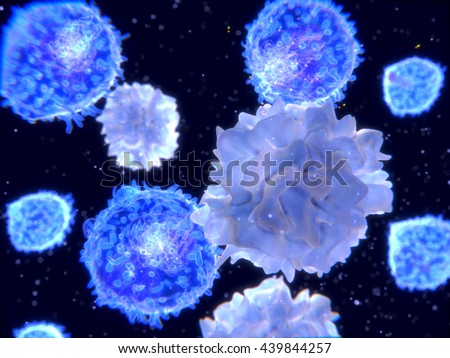 T-lymphocytes and dendritic cells, 3D-rendering;
Dendritic cells  are antigen-presenting cells of the immune system. They process antigen material and present it on the cell surface to the T-cells.