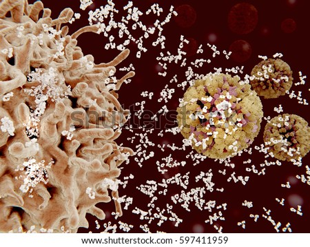 Plasma cells (B-cells) segregate specific antibodies to mark an subsequently destroy viruses (influenza viruses).3D rendering.