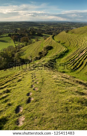 Looking down on the village of Child Okeford, Dorset from the Iron Age hillfort at Hambledon Hill