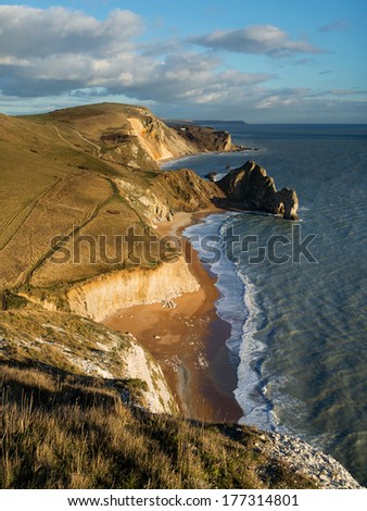 Fabulous view east from Swyre Head down to Durdle Door, Hambury Tout and Dungy Head, Dorset, UK. A popular part of Dorset\'s Jurassic coastline for visitors.