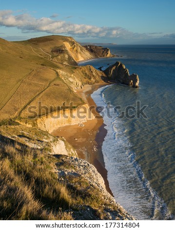 Fabulous view east from Swyre Head down to Durdle Door, Hambury Tout and Dungy Head, Dorset, UK. A popular part of Dorset's Jurassic coastline for visitors.