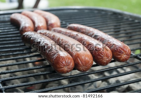 Hot dogs cooking on the grill. Macro focus on the end of the foreground row of hot dogs.