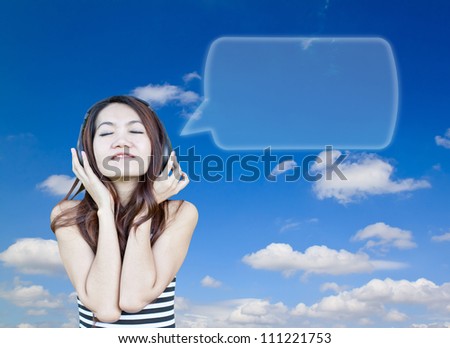 Woman listening to music and dialog box