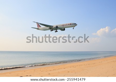Phuket,Thailand - February 21, 2015: Qatar airplane landing at Phuket international airport on February 21, 2015. The plane comes in Phuket international airport.