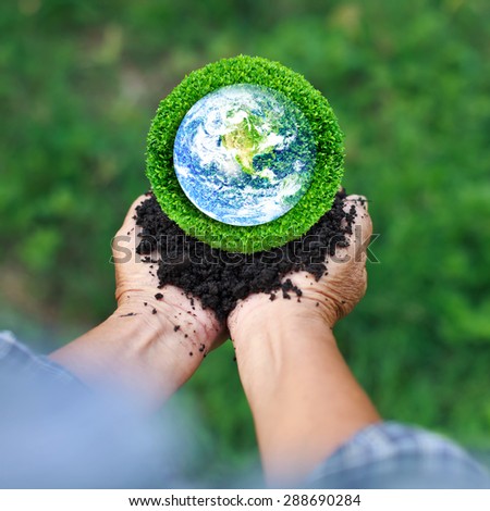 Save the earth by trees. Human hand holding global in soil with green tree for think earth concept. Elements of this image furnished by NASA.