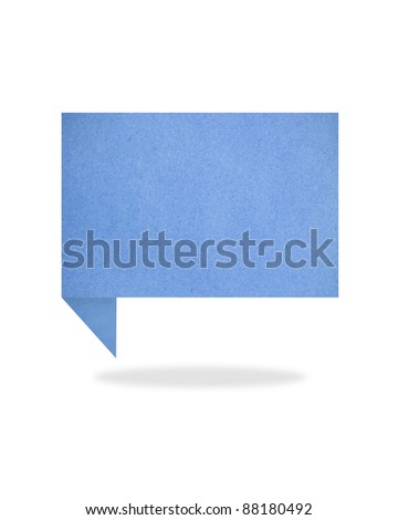 blue origami talk tag recycled paper craft stick on white background