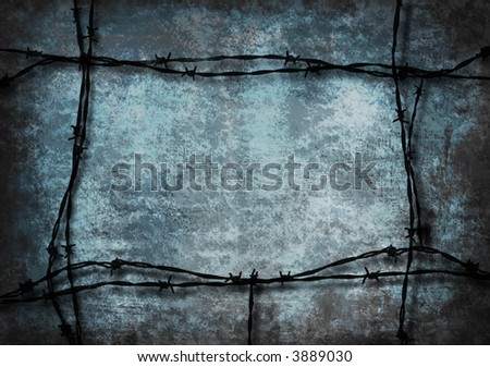 Blue/gray grunge background framed with barbed wire