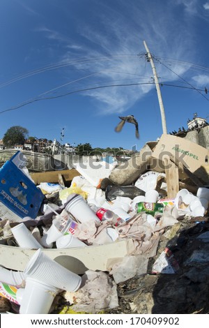 RIO DE JANEIRO, RJ /BRAZIL - JANUARY 08: garbage in a poor community in Rio de Janeiro at Metro (Mangueira) Slum and a dove flying, on january 08, 2014 in Rio de Janeiro.
