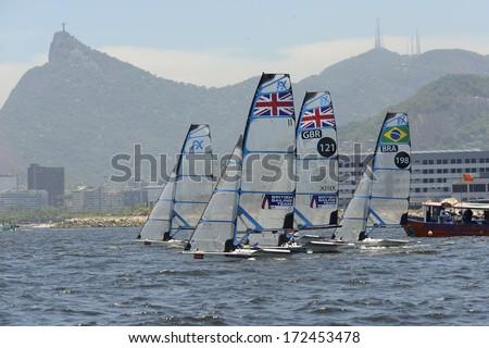 RIO DE JANEIRO, BRAZIL - JANUARY 09: Brazil Sailing Cup - Start of class 49er FX, English team, Charlotte Dobson and Sophie Ainsuworth (11) and Frances Peters and Hayling (121) on jan 09 2014 in RIO.