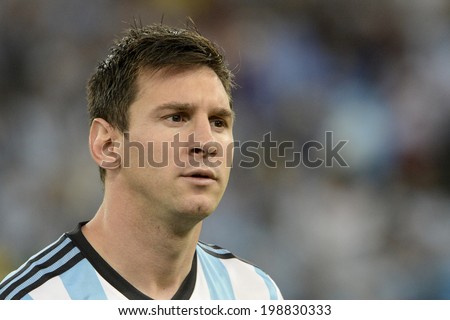 RIO DE JANEIRO, BRAZIL - June 15, 2014: Lionel MESSI during Argentina National Anthem at the 2014 World Cup Group F game between Argentina and Bosnia at Maracana Stadium.