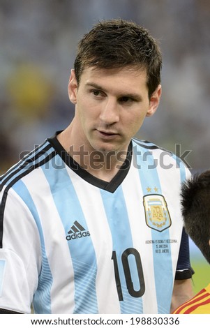 RIO DE JANEIRO, BRAZIL - June 15, 2014: Lionel MESSI during Argentina National Anthem at the 2014 World Cup Group F game between Argentina and Bosnia at Maracana Stadium.