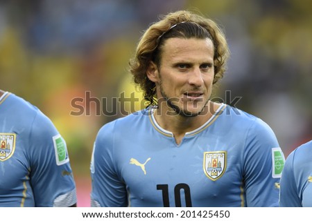 RIO DE JANEIRO, BRAZIL - June 28, 2014: EDiego FORLAN  during Uruguay National Anthem at the 2014 World Cup Round of 16 game between Colombia and Uruguay at Maracana Stadium.