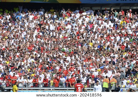 BELO HORIZONTE BRAZIL June 24 2014 Costa Rica fans celebrating during the World Cup Group D game between Costa Rica and England at Estadio Mineirao BELO HORIZONTE BRAZIL June 24 2014 Costa Rica fans celebrating during the World Cup Group D game between Costa Rica and England at Estadio Mineirao