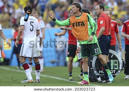 RIO DE JANEIRO, BRAZIL - July 04, 2014: Substitute Goal Keeper Roman WEIDENFELLER of Germany kicks the ball during the 2014 World Cup round of 8 game between France and Germany at Maracana Stadium.