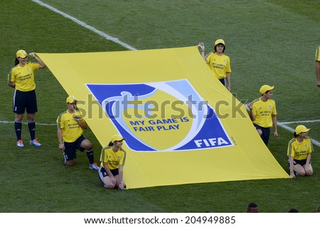 RIO DE JANEIRO, BRAZIL - July 13, 2014: Flag Fair play during the World Cup Final game between Argentina and Germany at Maracana Stadium