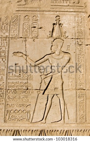 Ancient Egyptian bas relief carving of a Pharaoh.  Outer wall of Dendera Temple near Qena.