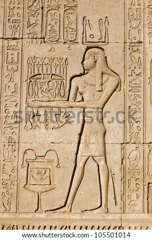 Ancient Egyptian bas relief carving of a priest making an offering to the god Ka.  Ka is a  figure in the belief of life after death. Dendera Temple, Qena, Egypt. Ancient temple, over 1000 years old.