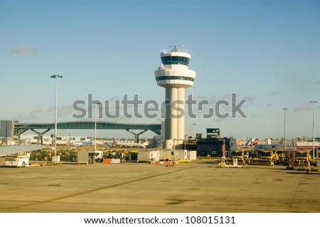 GATWICK, WEST SUSSEX, ENGLAND - JANUARY 2: Control tower at Gatwick Airport on January 2 2012.  There is political controversy over the future of airport provision in England.