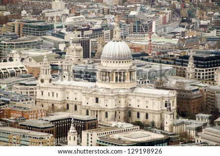 Aerial view of the landmark St Paul\'s Cathedral in the City of London.