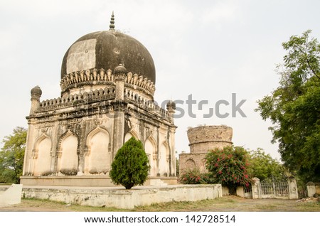 Two Qutub Shahi tombs built in the Mughal Empire at Golconda, Hyderabad.  The Sultan who was to occupy the rear mausoleum died many miles from home and so the Mirza was unfinished.