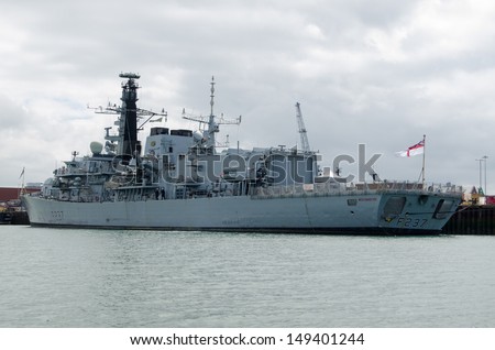 PORTSMOUTH, ENGLAND - AUGUST 2: The Royal Navy frigate HMS Westminster docked in Portsmouth on August 2 2013.  The ship is preparing to sail to Gibraltar as part of a Royal Navy taskforce.